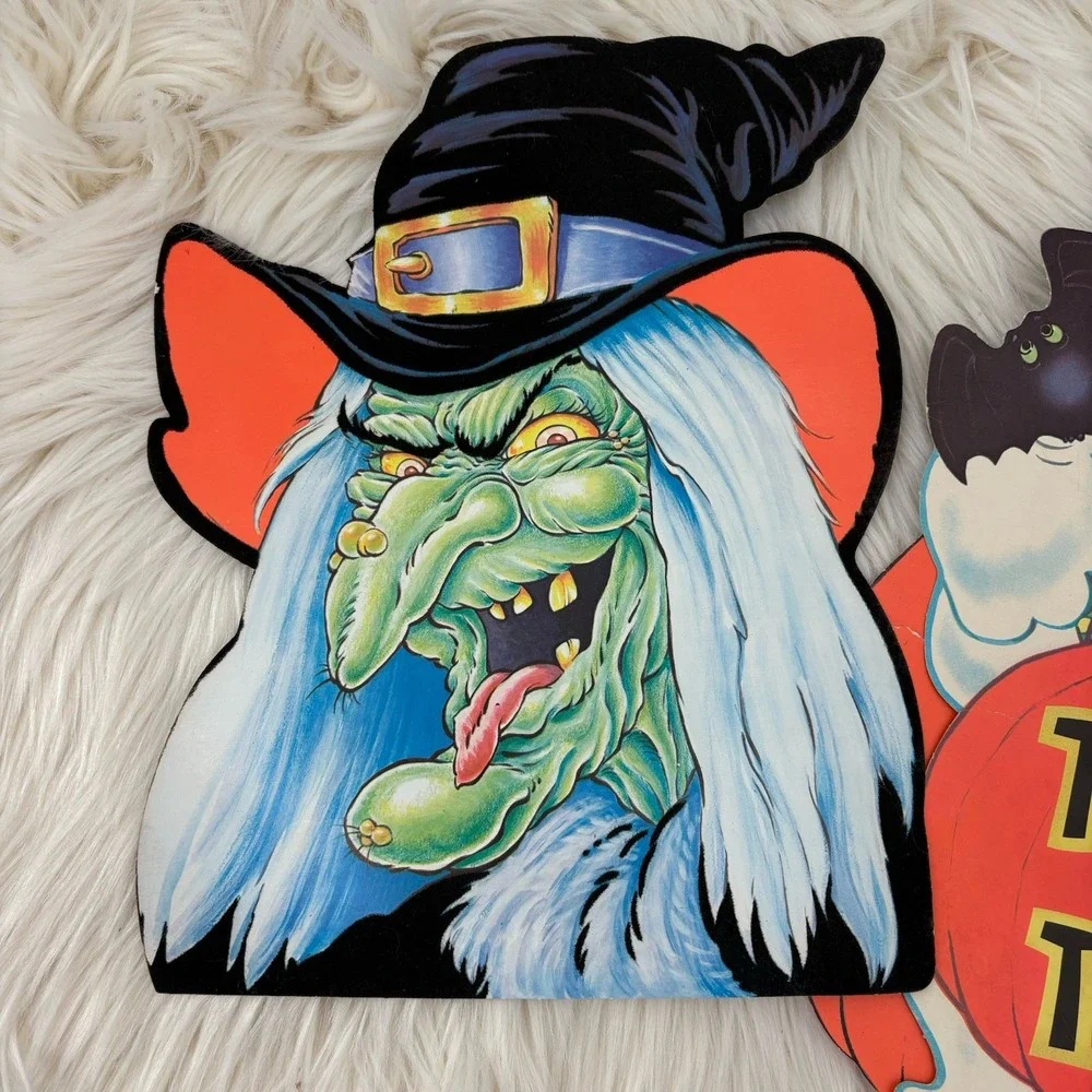 VTG Die Cut Wall Hanging Halloween Decoration 2-Sided Retro 80s Witch‎ Pumpkin